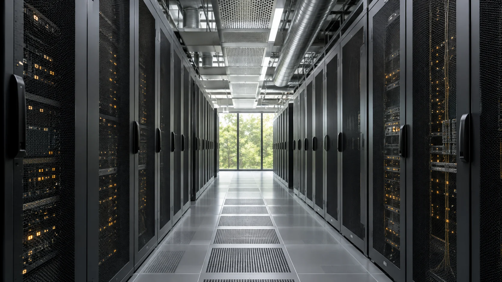 Pasillo de un centro de datos con racks de servidores
