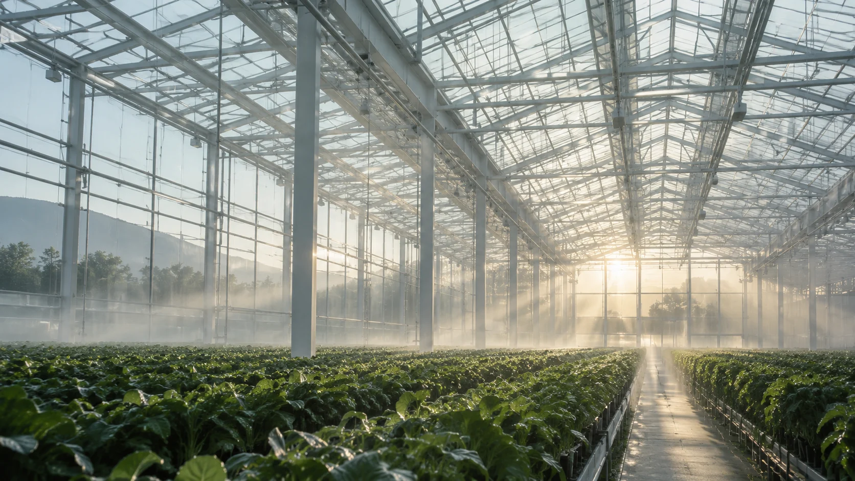Invernadero con vegetación y una fina neblina iluminada por el sol